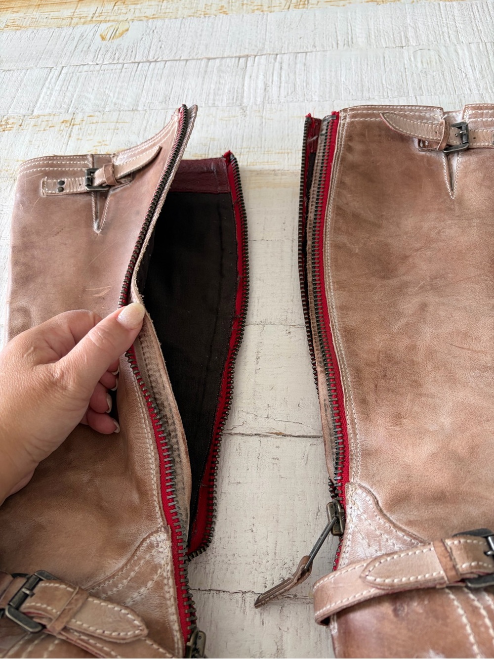 Freebird Roadey Size 7 Taupe Distressed Leather Tall Riding Boots Tan Red Zipper - Picture 6 of 9